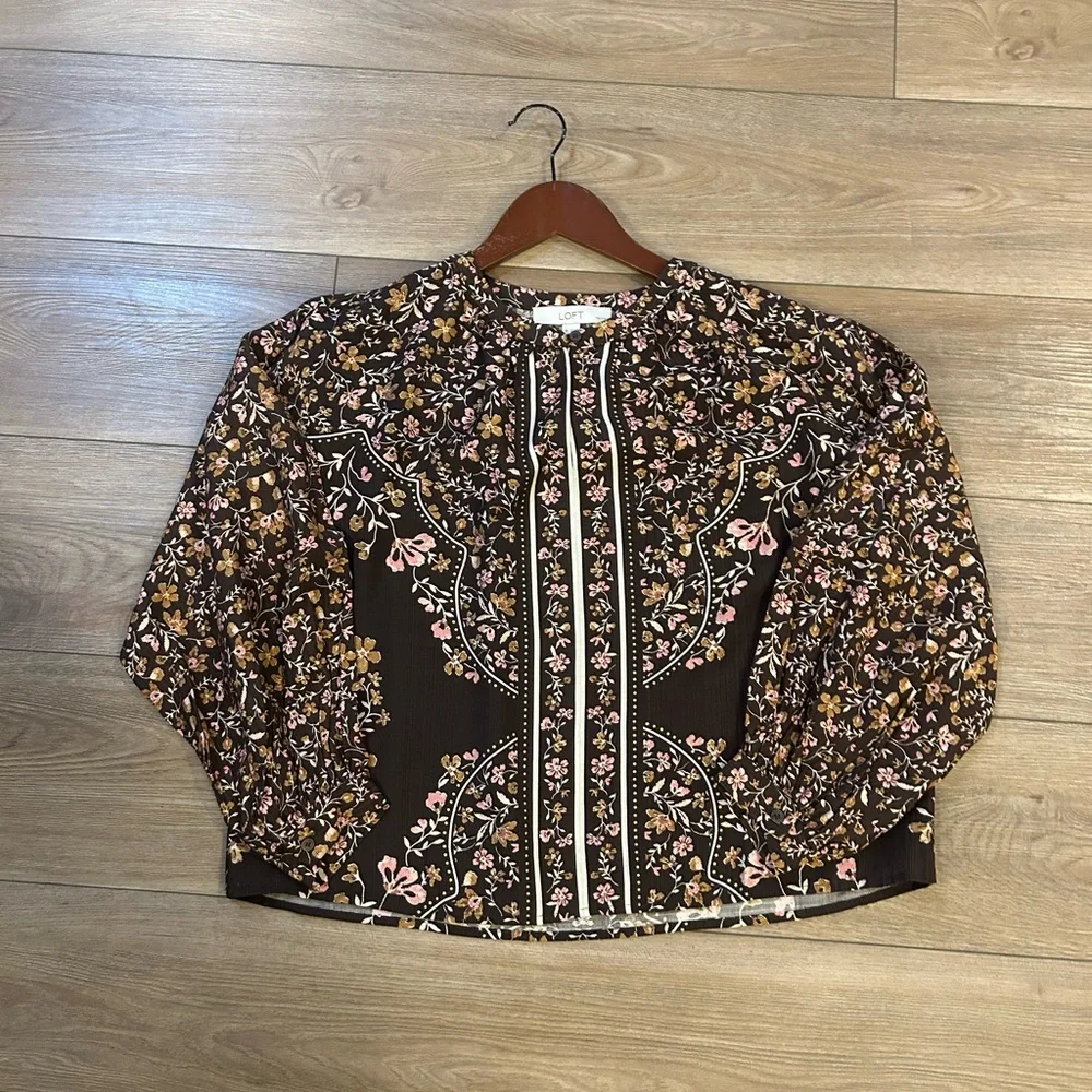 LOFT Black Floral Long-Sleeve Blouse